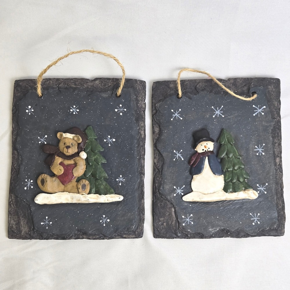 Set of 2 Christmas Wall Hangings Holiday Decor Teddy Bear Snowman 6.25"